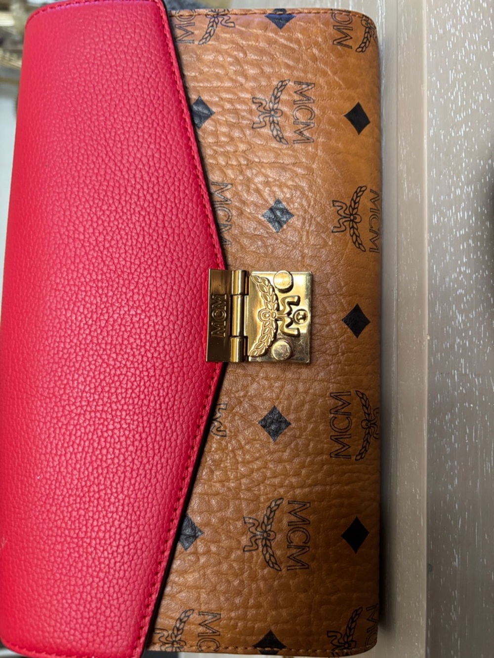 MCM Pink Leather & Cognac Visetos Signature Lock Clutch with original MCM chain